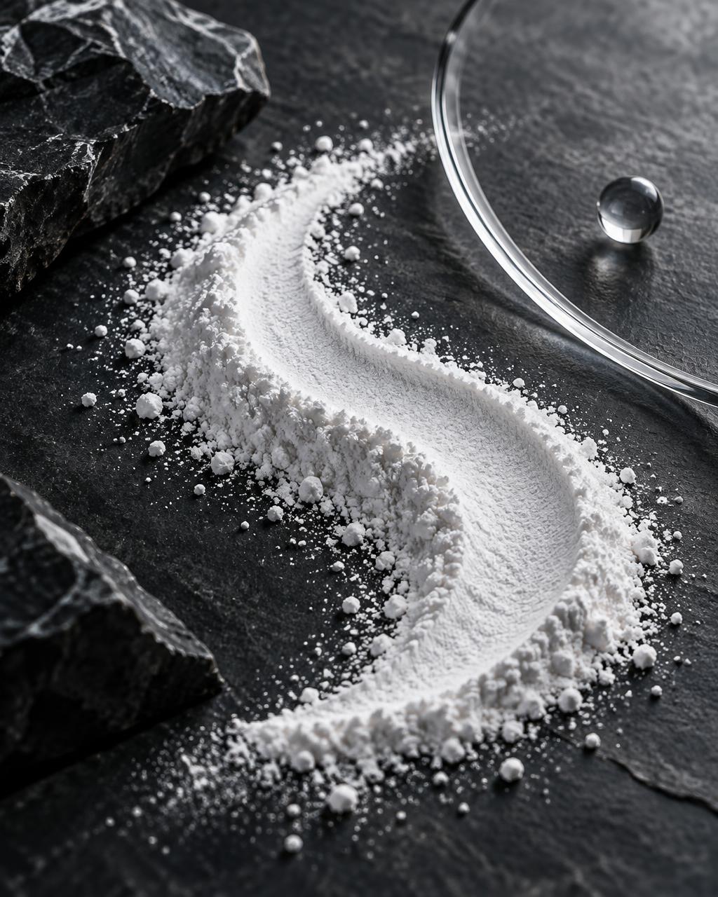 Fine ingredient powder with a restrained laboratory glass detail