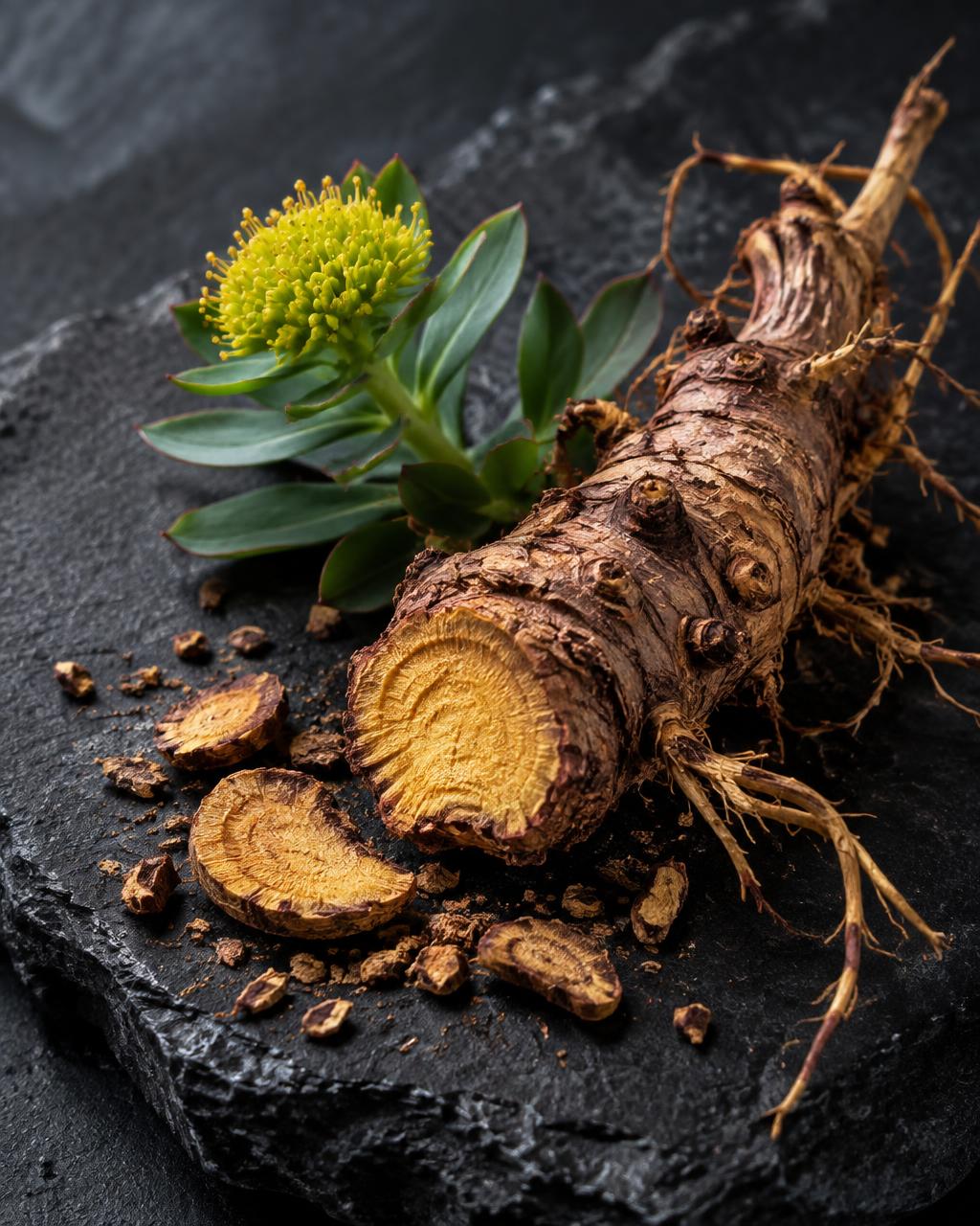 Rhodiola rosea root and plant material on dark stone