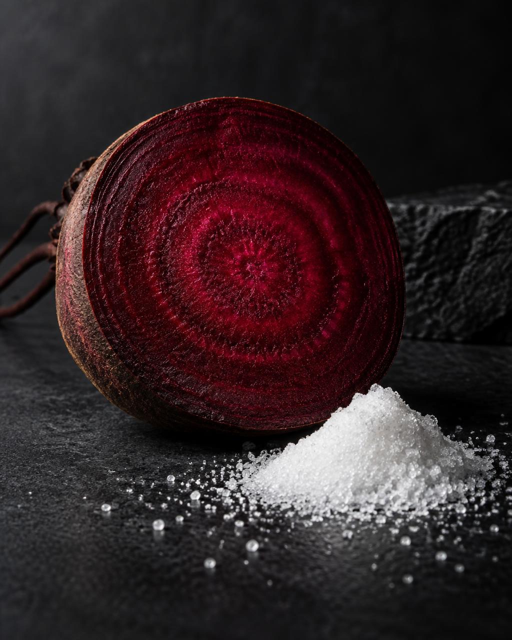 A refined beet-derived ingredient study on a dark studio surface