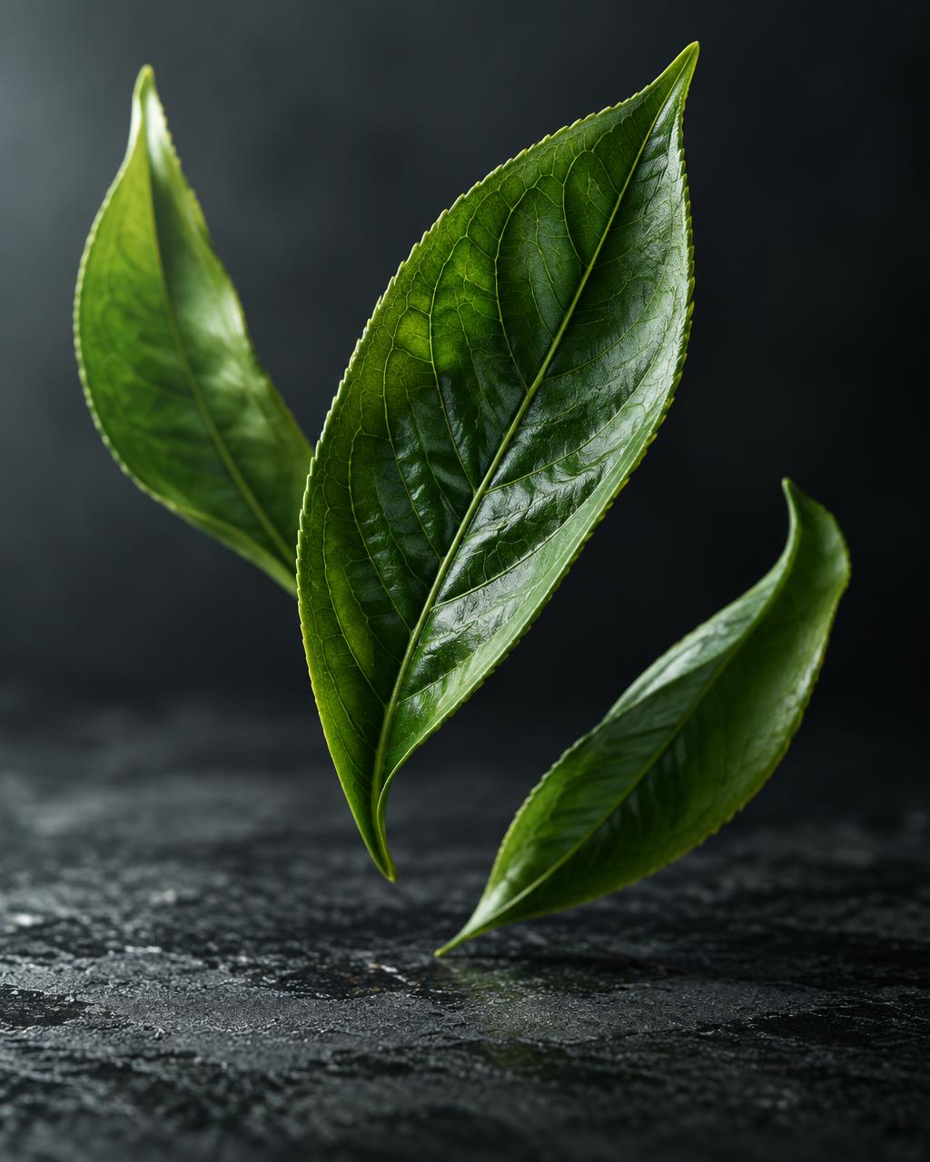 Fresh tea leaves photographed as a modern botanical study