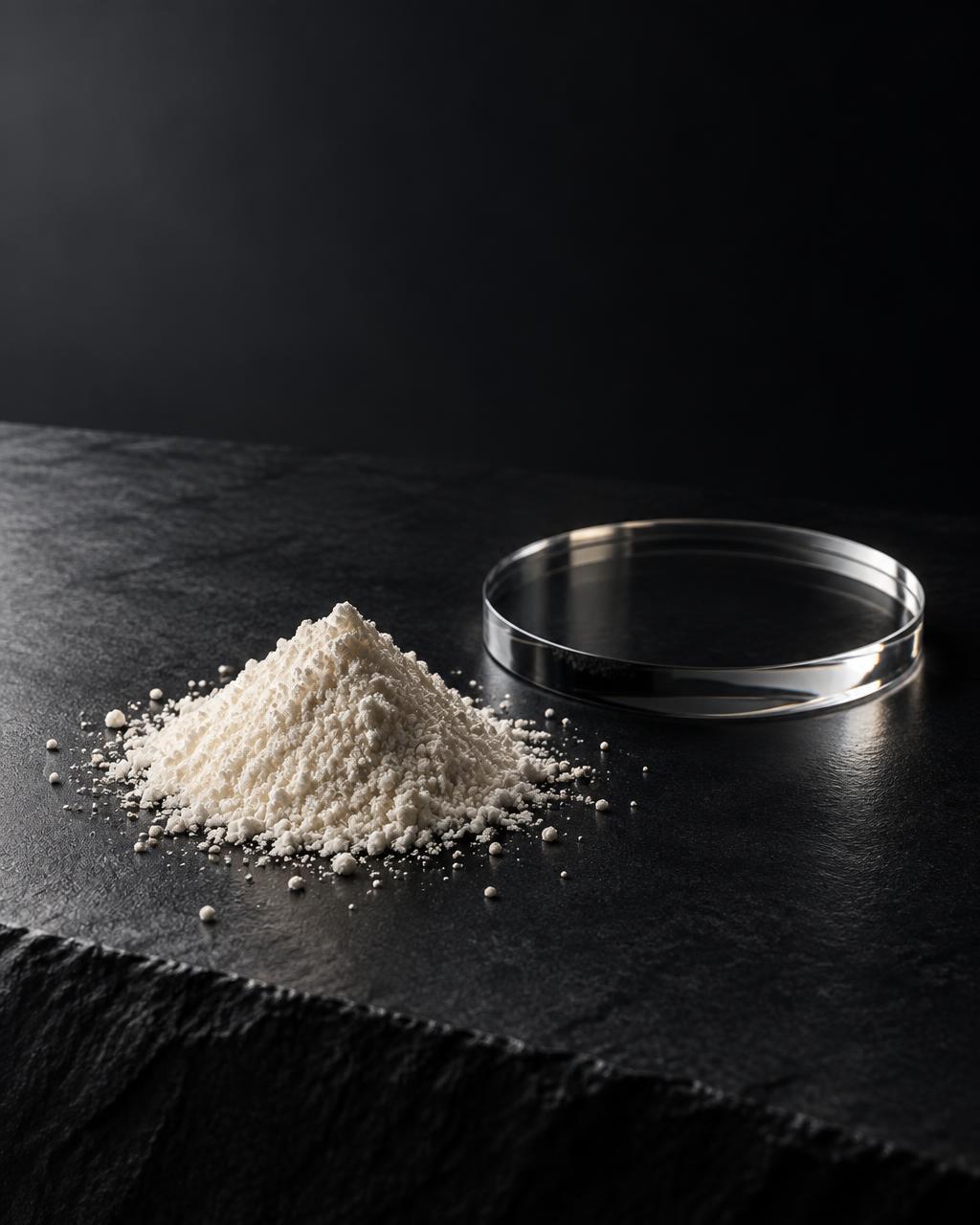 Measured ingredient powder beside minimal laboratory glassware
