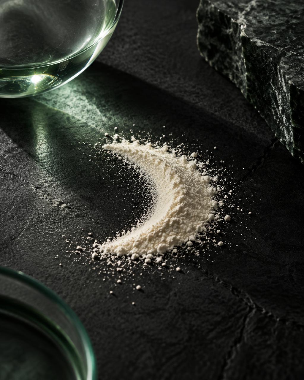 Fine ingredient powder arranged on a dark scientific studio surface
