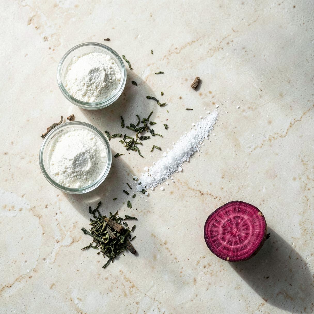 Raw performance ingredients — powders, tea leaves, botanicals and beet — arranged on a stone surface